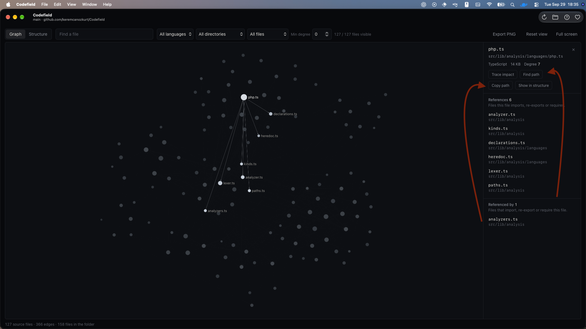 Codefield Graph inspector with the Find path action highlighted.